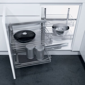 Swing out corner unit complete set, automatic pull-out action, with SAPHIR mesh wire baskets, for 900 mm cabinet