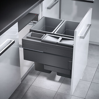 gray soft close cabinet door mounted Waste Bin Pull out by Hafele Euro Cargo 60 1 x 2.5 liter bin and 1 x 12 liter bin 2 x 35 liter bins 