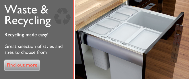 Kitchen Pull Out Waste Bins are available to buy online today from CP Kitchen Components. Integrated recycling bins are a must for any modern day kitchen especially now with the importance of recycling. Keep you worktops free from empty bottles and cardboard box with our easy to use recycling bins