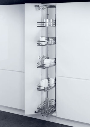 VSA swing out larder unit complete set, centre mounting, height adjustable (1200-2140 mm), full extension, with SAPHIR mesh chrome wire storage wire baskets, for 400 mm cabinet width